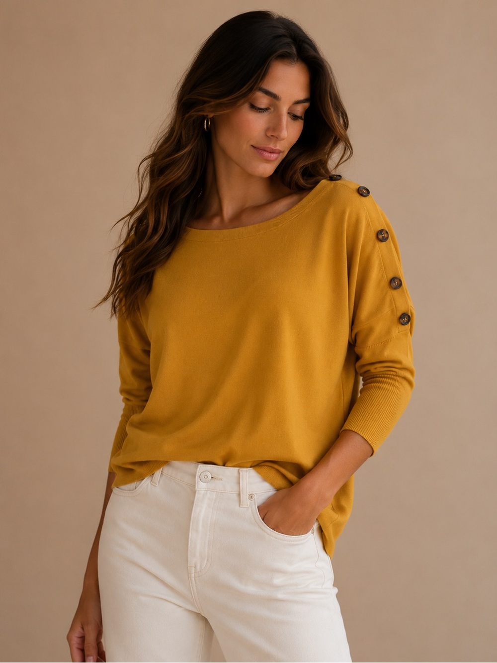 Cable & Gauge Mustard Button Shoulder Dolman Sweater Size Large